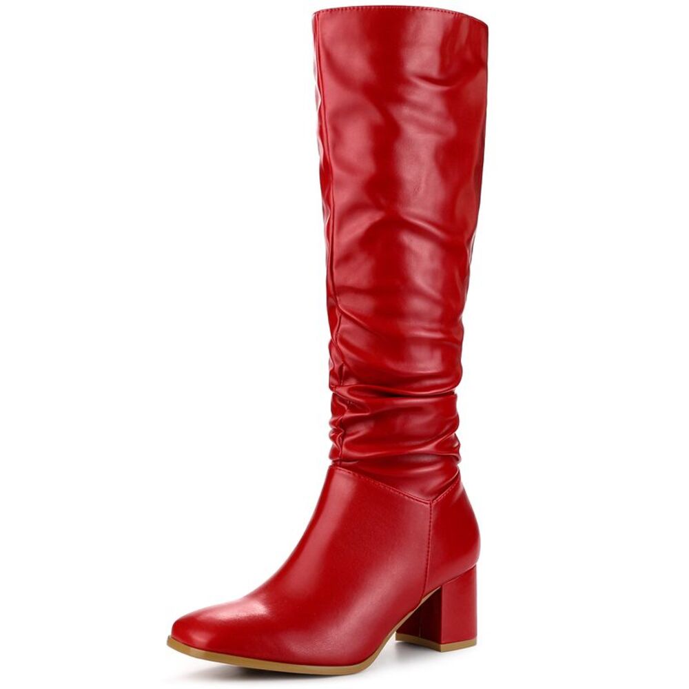 Dress Boots Square Toe Chunky Heel Red Slouch Knee Highs Boots